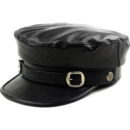 H3518 Men Genuine Leather Military Hat Male Black Flat Top Fashion Cap Fall Winter Outdoor Warm High Quality Korean Simple Hats