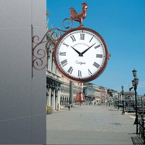Honhill Station Clock With Thermometer and Bell Double Sided Round Mount Wall Clock Garden Wall Retro Bracket Bronze Clock