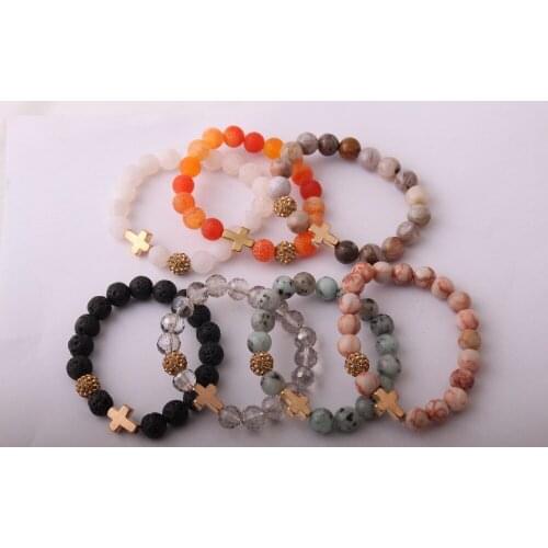 Fashion natural Stone Energy Cross Bracelets with Crystal Pave ball Beads Bracelet