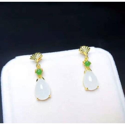 Natural Hetian jade silver inlaid with Qinghai white jade pendant earrings two piece suit