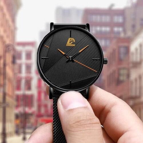 New simple fashion mens classic black ultra-thin watch mens business stainless steel mesh strap quartz watch