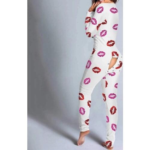 Sexy Womens Pajamas Print Cutout Functional Buttoned Flap Rompers Adults Club Deep V-neck Button Design Lounge Jumpsuit