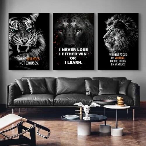 Black and White Lion Tiger Wolf Inspirational Quotes Posters and Prints Canvas Paintings Wall Art Pictures for Living Room Decor