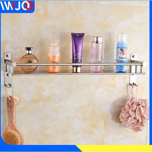 Bathroom Shelf Organizer Stainless Steel Corner Storage Holder Shelves Wall Mounted Toilet Shower Shampoo Cosmetic Rack 2 Hooks