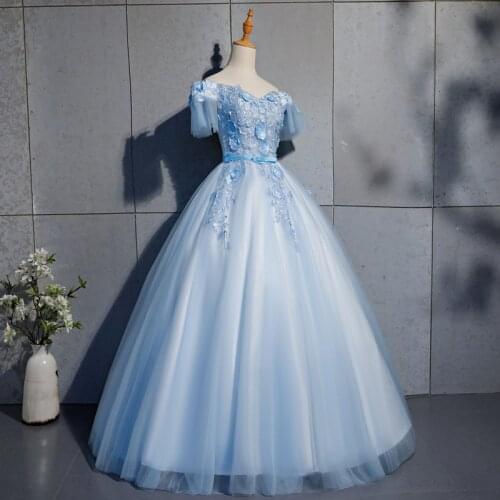 Luxury Appliques Light Blue Quinceanera Dresses Elegant Off The Shoulder Ball Gown Vintage Party Prom Formal Dress