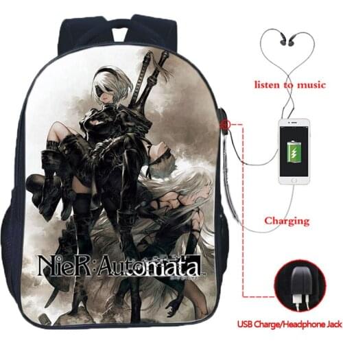 Hot Game NieR: Automata Backpack USB Charging Bookbags Boys Girls School Backpack Waterproof Book Rusksacks Women Men Travel Bag