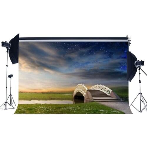 Fairytale Backdrop Dreamy Bridge River Bokeh Twinkle Starry Night Green Grass Meadow Fantasy Background