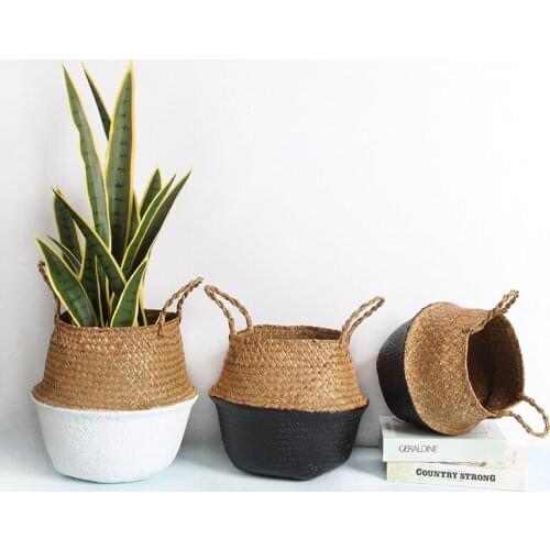 Foldable Handmade Storage Basket Folding Wicker Rattan Seagrass Belly Straw Garden Flower Pot Planter Laundry Basket