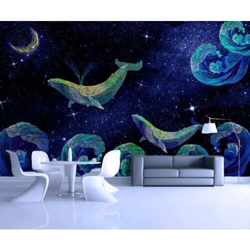 XUE SU Wall covering custom wallpaper Nordic HD starry sky whale wave childrens room bedroom background wall 3D mural