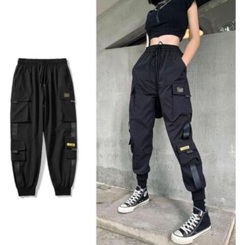 Hip Hop Cargo Pants Women Elastics Waist Black punk pocket pants Egirl Alt Pants Harajuku Streetwear Jogger Trousers Teens