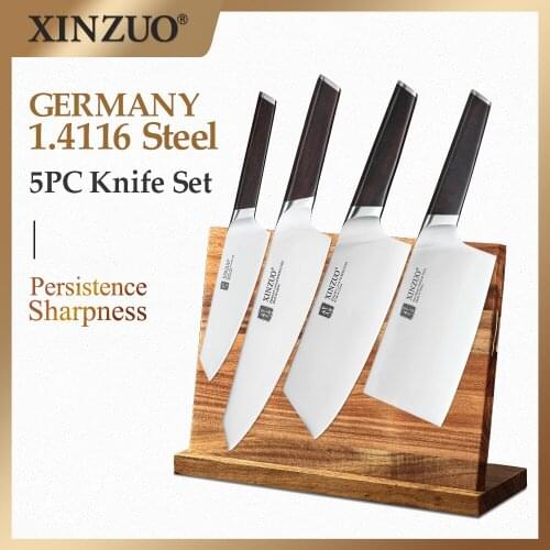 XINZUO 5PCS Knives Set Stainless Steel Chef Bone Chopper Cleaver Utility Knife For Vegetables Meat Knife Holder Block