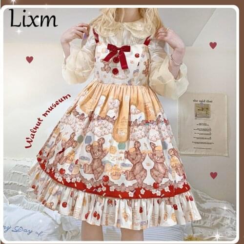 Japanese Kawaii Lolita *Honey Disappearing Incident*Bear Cute Printing Cosplay Sleeveless JSK Dress Bow Princess Dress
