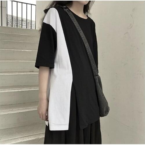 Big womens 2021 new design sense womens T-shirt small irregular tie-up color matching versatile T-shirt