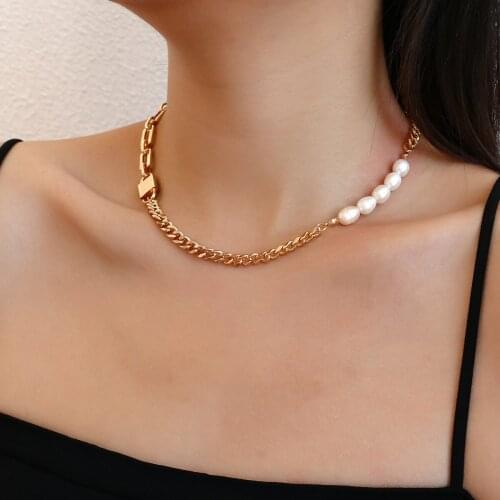 AENSOA Fashion Chunky Metal Chain Pearls Lock Necklaces for Women Gold Color Charm Chain Necklace New Design Jewelry Gift