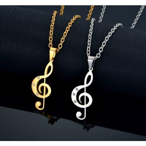 Womens Treble Clef Pendant With Stainless Steel Chain And Cubic Zirconia Music Note Necklace Hip Hop Rock Jewelry