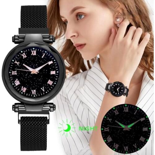 Women Watch Luxury Starry Dial Crystal Stainless Steel Mesh Magnetic Belt Ladies Quartz Watch Gift Women Luminous Hands Watches