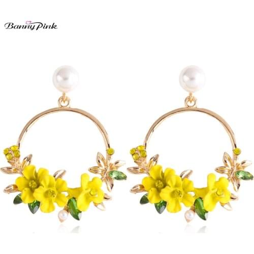 Banny Pink Wedding Flower Statement Studs Earrings For Women Big Circle Pendant Post Earrings New Hope Charms Earrings Jewelry