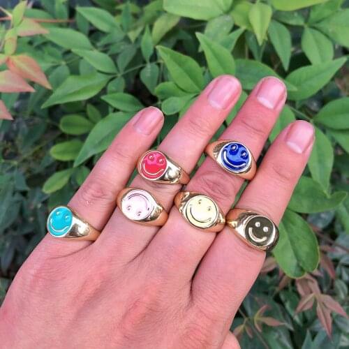 Gold Filled Copper Enamel Finger Rings for Women Creative Colorful Round Smile Face Geometric Rings Fashion Jewelry Party Gift