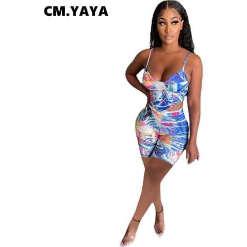 CM.YAYA Women Set Tie Dye Print Sleeveless Strap V-neck Crop Tops Strechy Shorts Two 2 Piece Set Active Tracksuit Outfits Summer