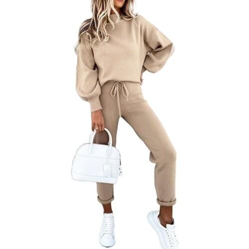 Womens sports sweater suit straight high-neck casual solid color trousers two-piece suit