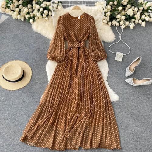 Autumn Women White/Black/Brown Polka Dot Long Dress Vintage Round Neck Puff Sleeve Elegant A-Line Maxi Vestidos Female 2021 New