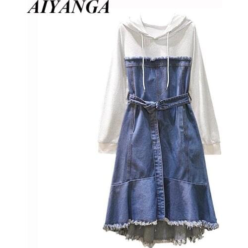New Fashion Faux 2 Pieces Hooded Denim Dress Women 2018 Spring Long Sleeve Slim Patchwork Lace Up Medium Long Jeans Dresses