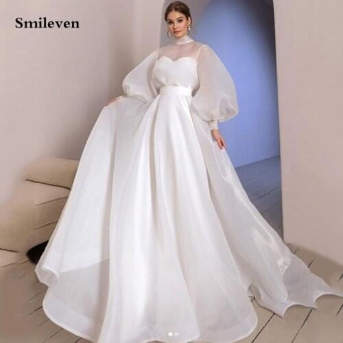 Smileven Halter Neck Organza Wedding Dresses Puff Sleeve Bride GownSimple And Clean Wedding Gown Vestido de novia 2021