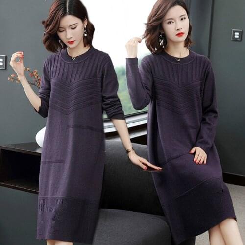 Women 2020 Autumn Winter Solid Color Knitted Dresses Female Mid-long Bottoming Sweater Vestidos Ladies O-Neck Loose Dress V324
