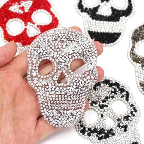1Pcs Top Quality Skull Patch Embroidered Patches For Clothing 6x8.5cm Iron On Rhinestones Patches DIY Hats Cloth Stickers