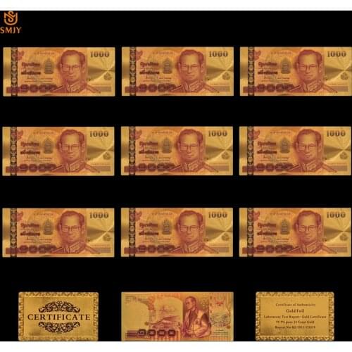 10Pcs/Lot Thailand New 1000 Baht Color Gold Banknotes in 24k Gold Plated World Money Currency For Collection And Gift