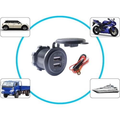 12V/24V Waterproof 2.4A Dual USB Charger Socket Power Outlet with Touch ON OFF Switch LED Light for Car Marine Boat Motorcycle T