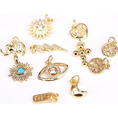 20Pcs, Gold Filled CZ Micro Pave Eye Key Cross Elephant Lightning Pendant , CZ Pave Charms , Cubic Zirconia Jewelry