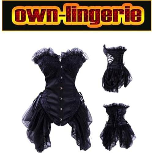 Black Satin Metal Buckle Gothic corset Lace Ruffle Burlesque bustier top ruffle two side w3276