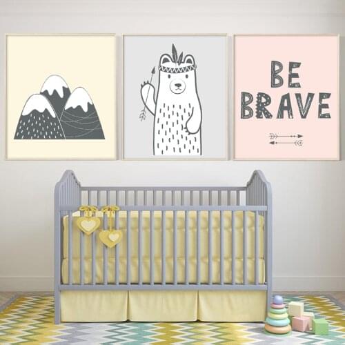 Nursery Be Brave Quote Wall Art Yellow Pink Canvas Painting Cartoon Snow Mountain Gray Bear Poster for Baby Kids Room Home Decor
