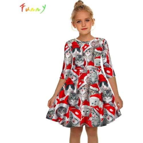 Cute Cat Print Half Sleeve Kids Dresses for Girls High Waist O Neck Toddler Girl Party Dress Christmas Clothes 8 10 12 Years