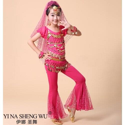 Children Belly Dance Costume Girls Sequin Stage Performance Indian Oriental Clothes Kids Bollywood Dancing Short Sleeve+Pants