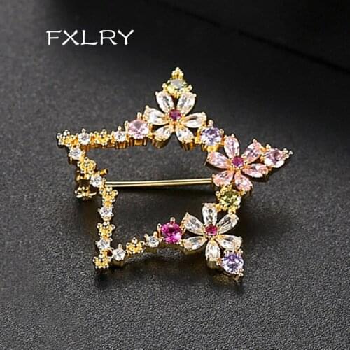 FXLRY High-grade elegant Multicolor cubic zircon Korean pentagonal brooch fashion womens jacket suit pin Jewelry