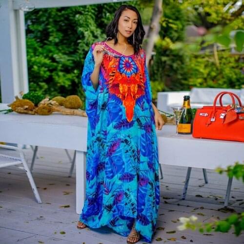 Vibrant Foliage Print Kaftan Chic Loose Fit Floor Length Dress Resortwear Party Stunning Sassy Sultry Blue Beach Holiday Looking