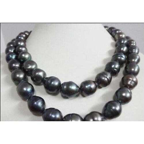 Beautiful 35" HUGE 12 -14MM NATURAL SOUTH SEA BLACK PEARL NECKLACE silver clasp
