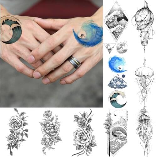 Cool Surfing Wave Temporary Tattoos For Men Women Arm Hand Fake Tattoos Sticker Waterproof Mountain Jellyfish Tatoos 3D Body Art