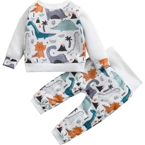 2021 0-3Y Casual Toddler Boy Clothing Cartoon Dinosaur Print Long Sleeve Sweatshirt+High Waist Harem Pants Autumn Outfits 2pcs