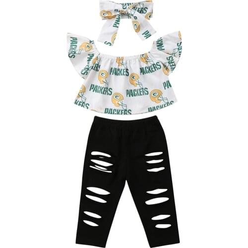 Fashion 3pcs Letter Print Baby Kids Girls Clothes Set Off Shoulder Tops + Ripped Denim Pants + Headband Outfits