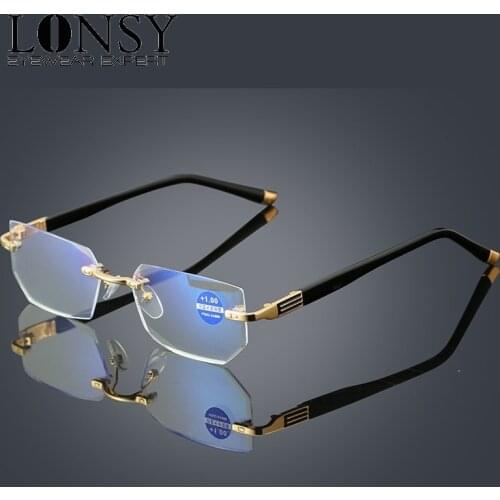 High Quality Anti Blue Light Reading Glasses Women Men Rimless Business Hyperopia Prescription Eyeglasses Diopter Parents Gift