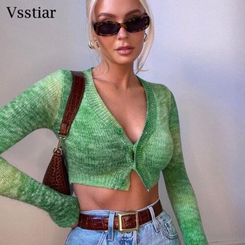 Vsstiar Autumn Knitted Cardigan Top Womens Long Sleeve Y2K Sexy Sweater 2021 Winter Casual Button Up Fashion Ladies Pullovers