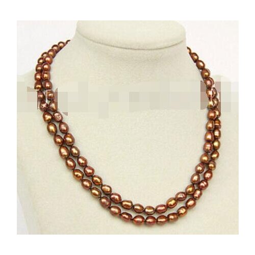 16-17" 2row 7-8mm rice coffee pearls necklace gold plated clasp E8682