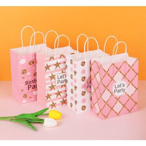 1PC Kraft Pink Birthday Portable Gift Bag Handbag Candy Bag Cute Storage Finishing Bag Party Supplies for Kids Boy Girl