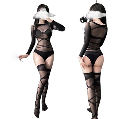 See Through Leotard Striped Jumpsuit Sexi Women Sexy Lingerie Transparent Bodysuit Sex Erotic Underwear Ladies Nylon Stockings