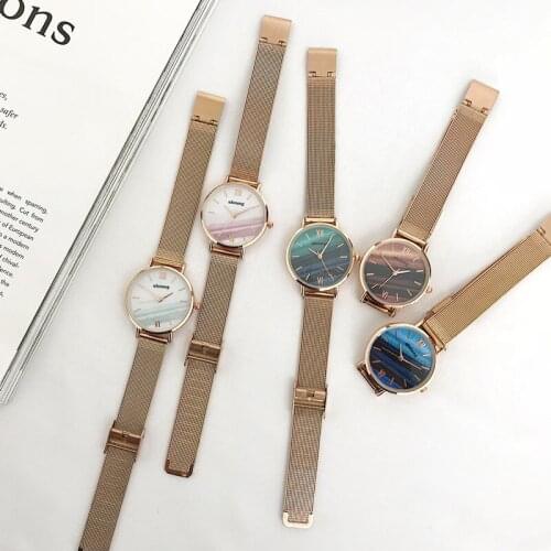 Luxury Watches Exquisite Women Vintage Marble Watch 2019 Korean Style Retro Quartz Clock Female Rose Gold Mesh Belt Wristwatches