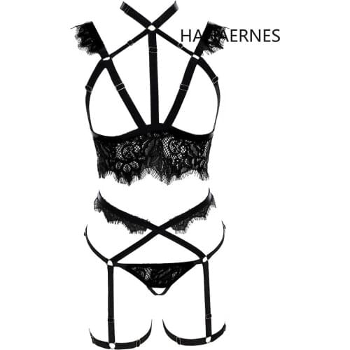 HANAERNES Sexy black lace open chest cage Bra Harajuku Gothic crop top bondage nightclub woman sexy harness lingerie