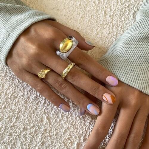 Vintage Creative Clear Acrylic Heart Alloy Rings Set for Women Fashion Geometric Round Circle Finger Knuckle Rings Jewelry Gift